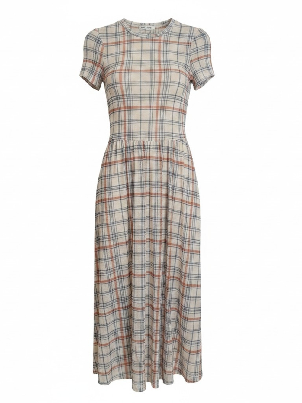 A.U.W Cream Plaid Short-Sleeve Midi Dress with Navy & Rust Accents